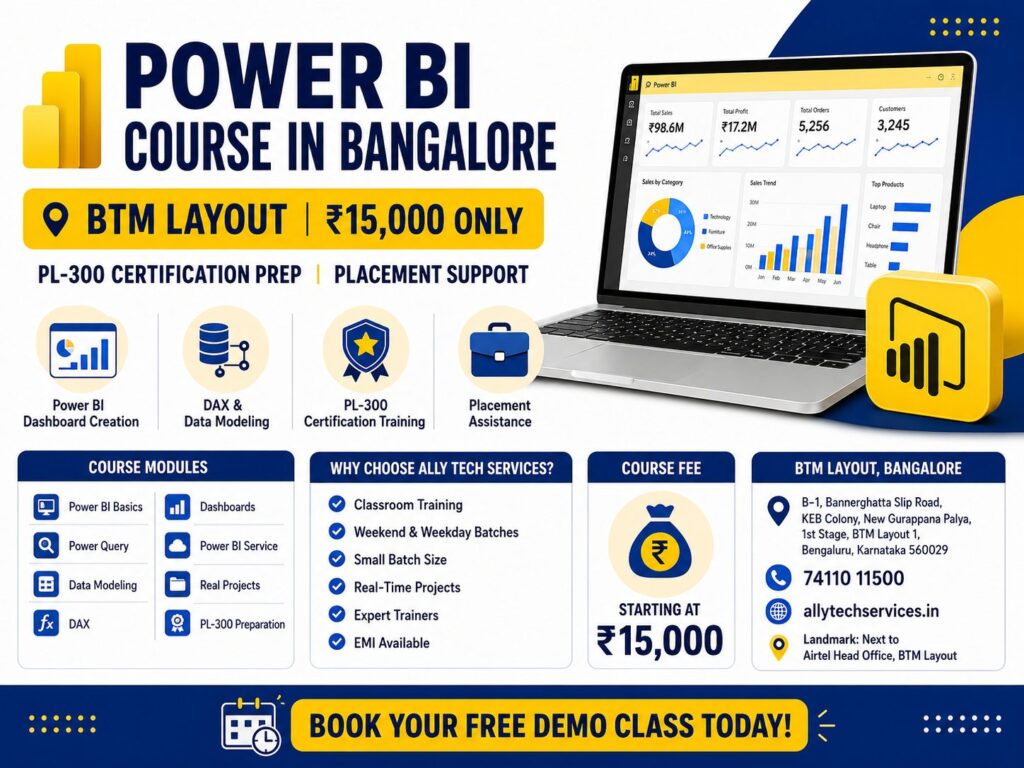 Advance your analytics career with our Power BI Course in Bangalore, featuring hands-on training in dashboards, DAX, data modeling, PL-300 certification preparation, and placement support.