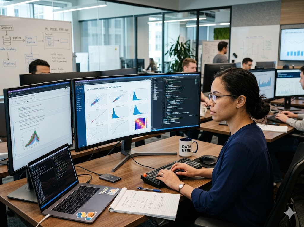 A focused data scientist who enrolled in our best data science course in bangaloreworks at her office desk surrounded by multiple monitors displaying code, statistical dashboards, and machine learning pipeline diagrams.