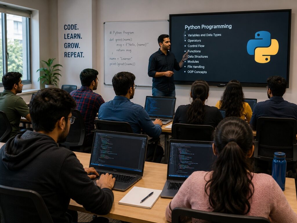 Python Classes Near Me with students learning Python programming in a classroom