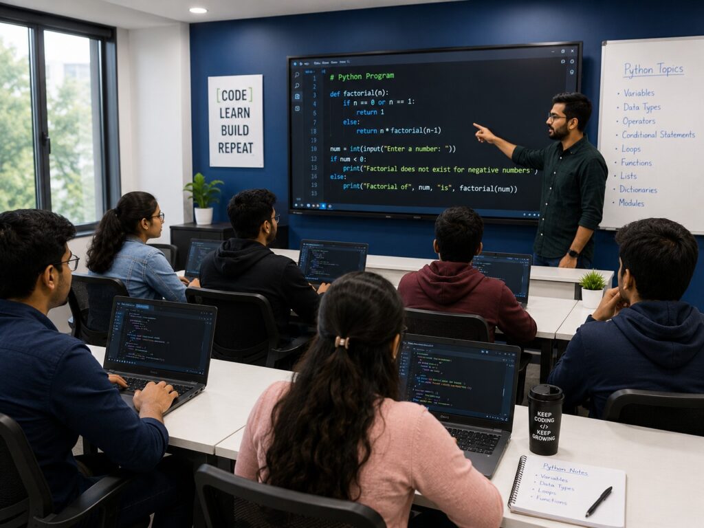 Students learning Python programming at Python Classes Near Me in BTM Layout 1st Stage