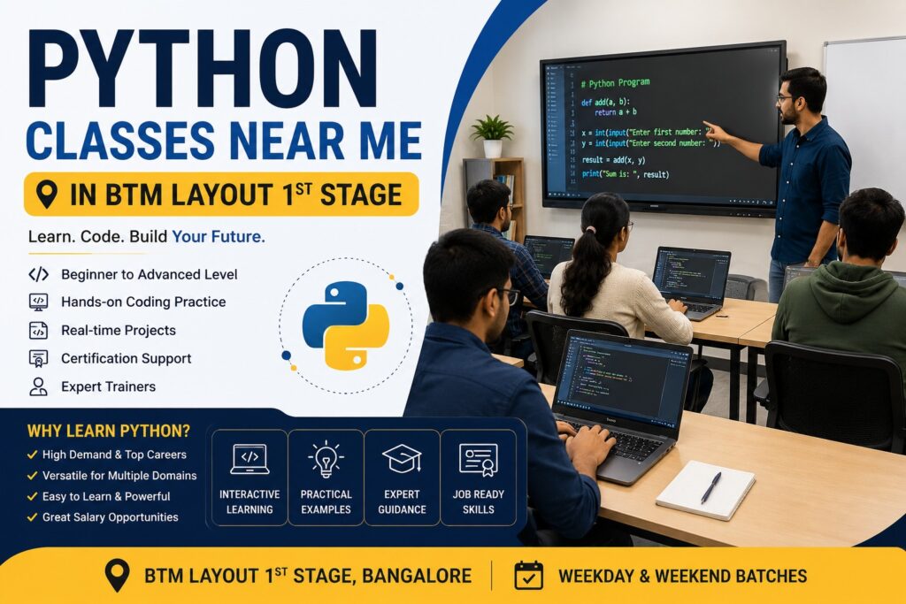 Python Classes Near Me in BTM Layout 1st Stage with students attending hands-on Python programming training