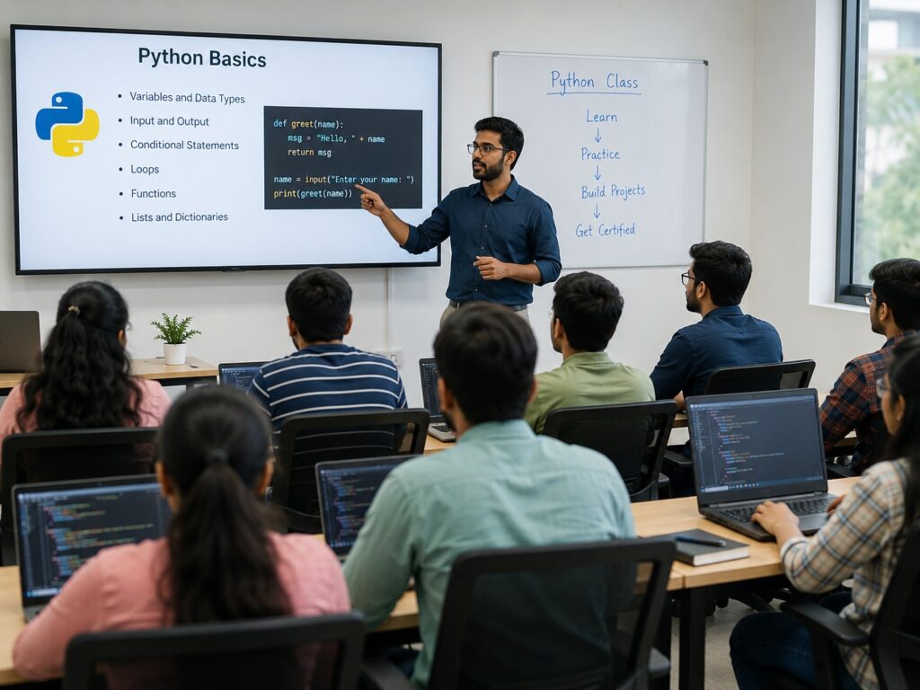 Python Classes Near Me in btm layout 2nd stage – Students actively participating in an instructor-led Python training session, practicing coding on laptops in a professional classroom