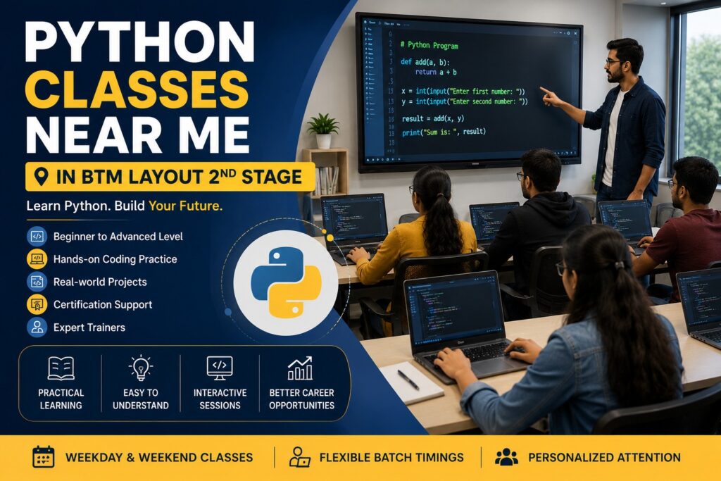 Python Classes Near Me in btm layout 2nd stage – Students attending a hands-on Python programming class in a modern computer lab, learning coding concepts with an experienced instructor using laptops and live coding demonstrations.