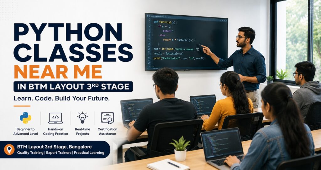 Students attending a hands-on coding session at python classes near me in BTM layout 3rd stage