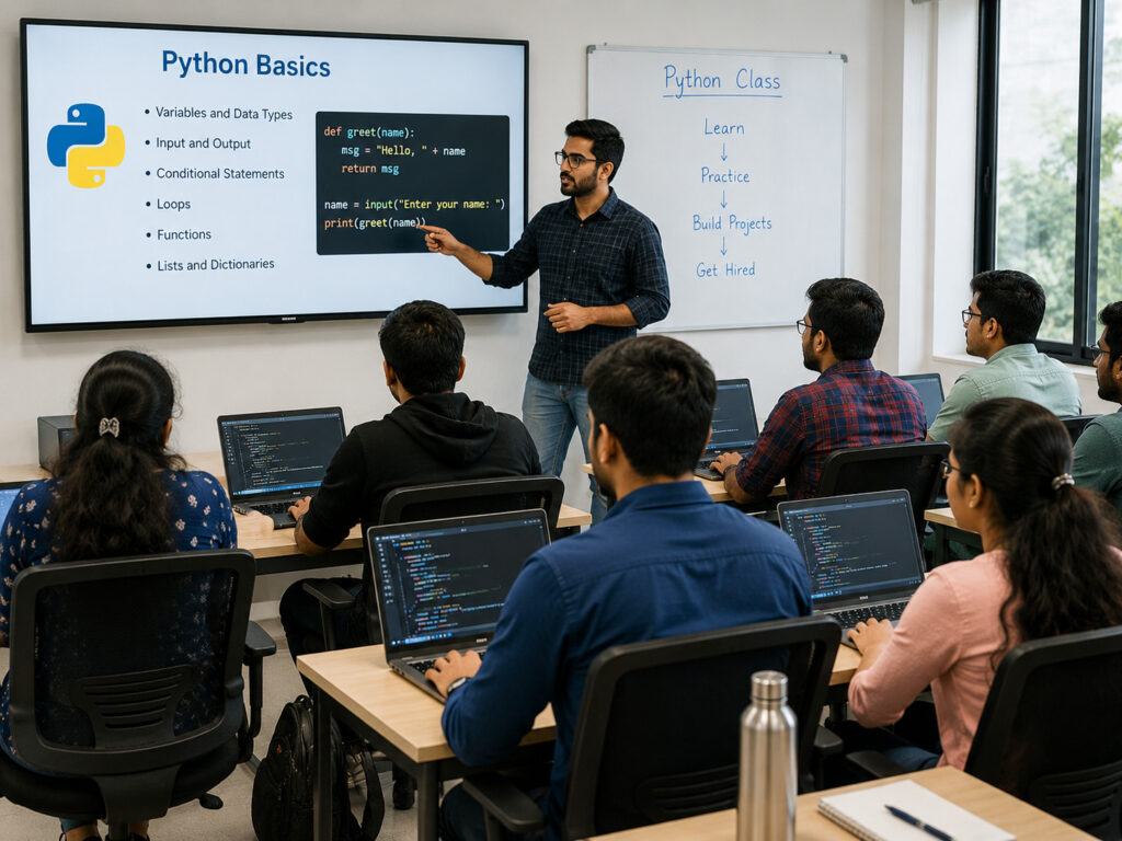 Python Classes Near Me in BTM Layout 3rd Stage – Students attending a hands-on Python programming class in a modern computer lab, learning coding with an experienced trainer through live projects, practical exercises, and interactive laptop-based training.