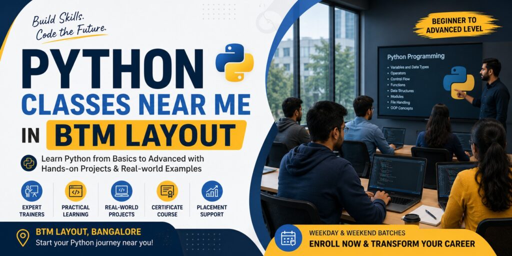 Python Classes Near Me in BTM Layout with students attending hands-on Python programming training at a modern institute