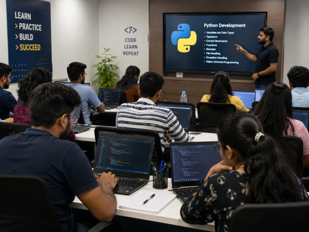 Top 10 Python Training Institutes in Bangalore blog banner featuring Python coding on a laptop, students learning programming, Bangalore skyline, and highlights including placement support, live projects, and certification.