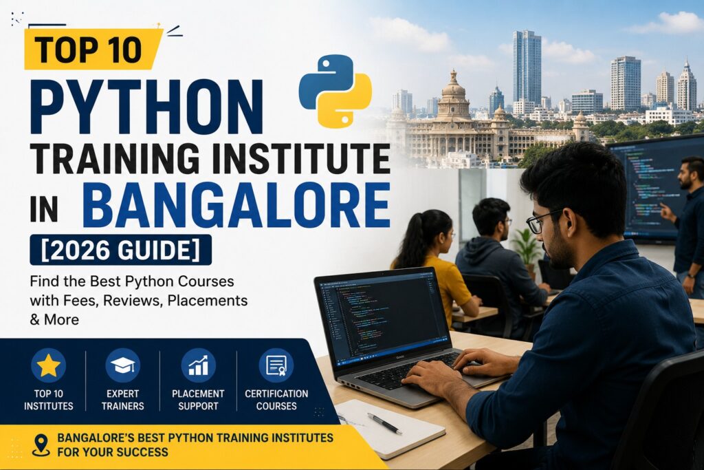 Top 10 Python Training Institutes in Bangalore blog banner featuring Python coding on a laptop, students learning programming, Bangalore skyline, and highlights including placement support, live projects, and certification.