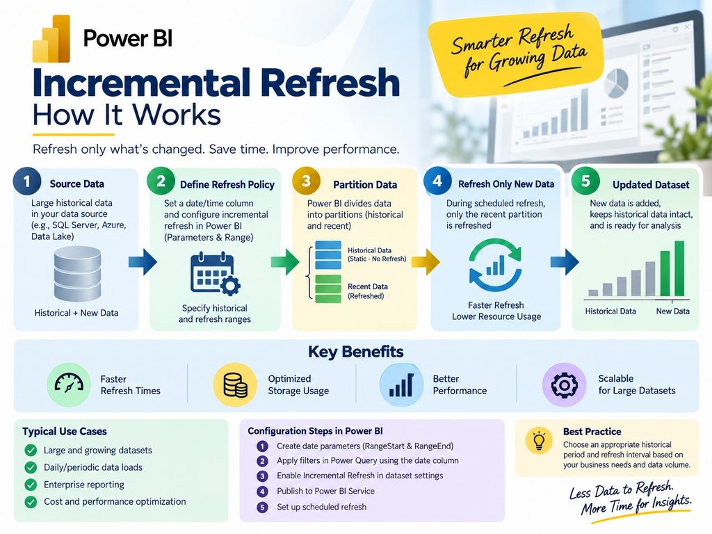 Power BI incremental refresh documentation showing data refresh, faster performance, optimized storage, and new data updates
